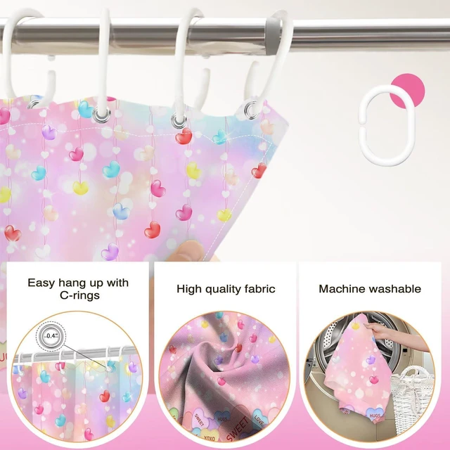 Alt view image 5 of 7 - Valentines Shower Curtain Cute Love Pink Hearts Valentine Sweetheart Bathroom Decor Curtain with 12 Hooks Romantic Holiday Shower Curtain Set, 72" x 72"