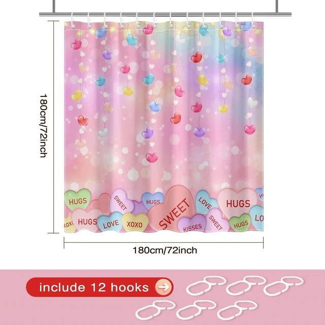 Alt view image 3 of 7 - Valentines Shower Curtain Cute Love Pink Hearts Valentine Sweetheart Bathroom Decor Curtain with 12 Hooks Romantic Holiday Shower Curtain Set, 72" x 72"