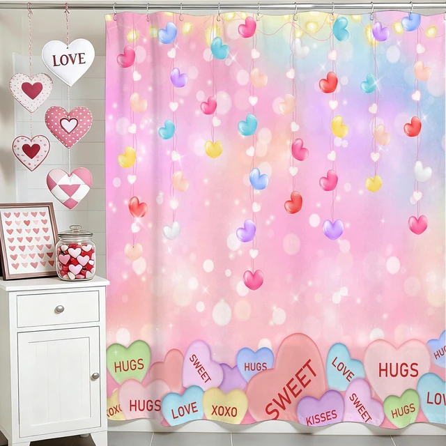 Alt view image 7 of 7 - Valentines Shower Curtain Cute Love Pink Hearts Valentine Sweetheart Bathroom Decor Curtain with 12 Hooks Romantic Holiday Shower Curtain Set, 72" x 72"