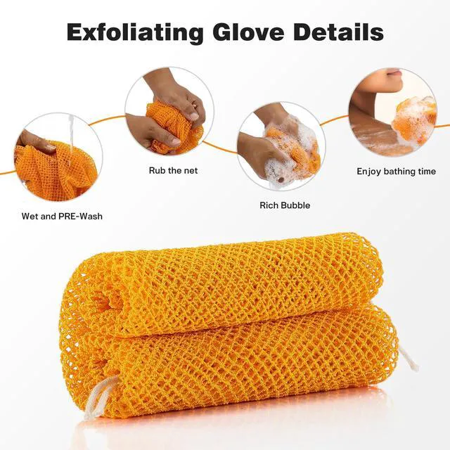 Alt view image 3 of 7 - 1 Pack Authentic African Net Sponge with Handles, Mesh Body Scrubber, Exfoliating Sponge for Gentle Cleansing & Back, Durable, Portable Bath Sponge (Orange)