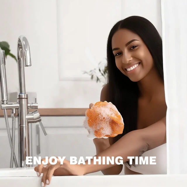 Alt view image 6 of 7 - 1 Pack Authentic African Net Sponge with Handles, Mesh Body Scrubber, Exfoliating Sponge for Gentle Cleansing & Back, Durable, Portable Bath Sponge (Orange)