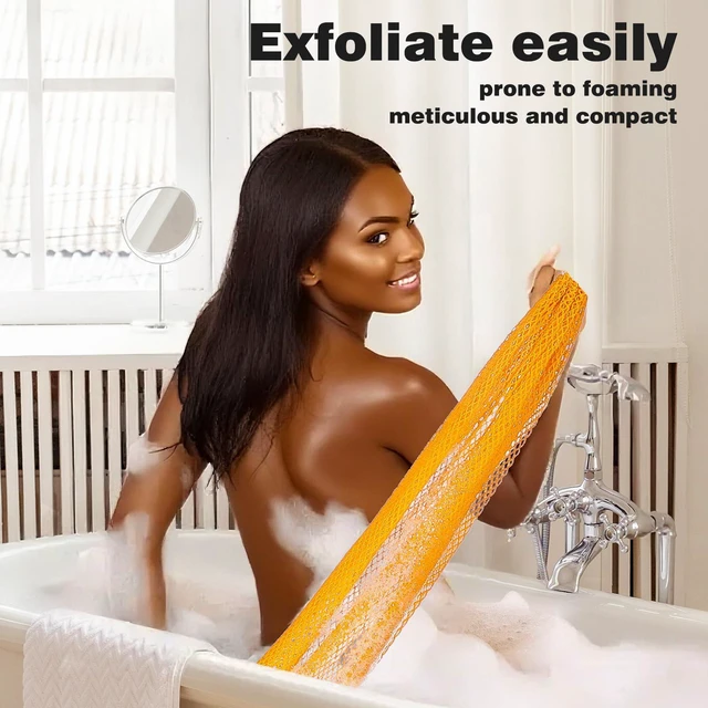 Alt view image 5 of 7 - 1 Pack Authentic African Net Sponge with Handles, Mesh Body Scrubber, Exfoliating Sponge for Gentle Cleansing & Back, Durable, Portable Bath Sponge (Orange)