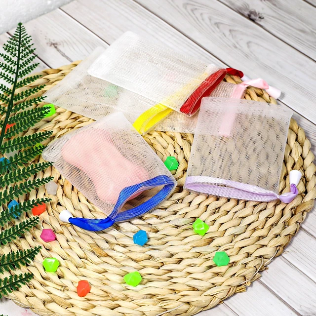 Alt view image 3 of 7 - 5 PCS Soap Bags Handmade Soap Bubble Mesh Bags Exfoliating Soaps Saver Pouch Net Bag with Drawstring Body Facial Cleaning Tool for Bath & Shower (Assorted Colors)