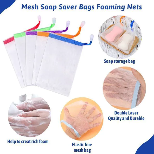 Alt view image 5 of 7 - 5 PCS Soap Bags Handmade Soap Bubble Mesh Bags Exfoliating Soaps Saver Pouch Net Bag with Drawstring Body Facial Cleaning Tool for Bath & Shower (Assorted Colors)