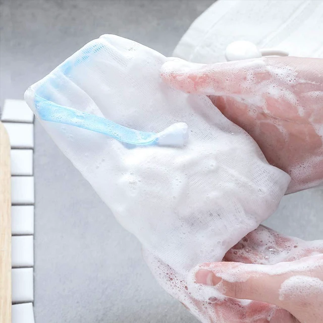 Alt view image 2 of 7 - Handmade Soap Easy Bubble Mesh Soap Saver Bag Double Layer Drawstring Holder Bags Foam Net for Body Facial Cleaning Exfoliation Body Cleaning Tool (5 PCS)