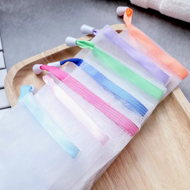 Alt view image 3 of 7 - Handmade Soap Easy Bubble Mesh Soap Saver Bag Double Layer Drawstring Holder Bags Foam Net for Body Facial Cleaning Exfoliation Body Cleaning Tool (5 PCS)
