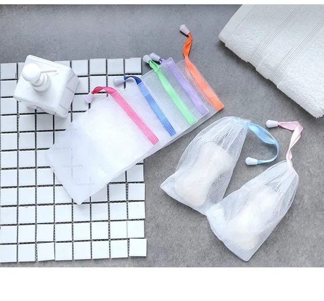 Alt view image 6 of 7 - Handmade Soap Easy Bubble Mesh Soap Saver Bag Double Layer Drawstring Holder Bags Foam Net for Body Facial Cleaning Exfoliation Body Cleaning Tool (5 PCS)