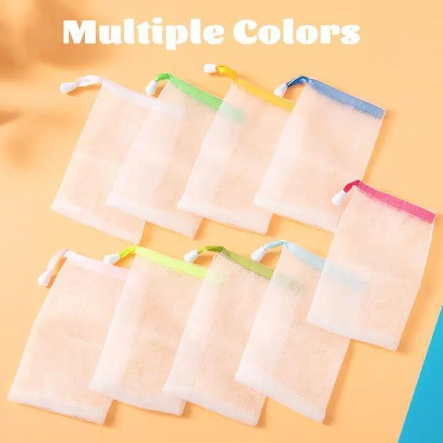 Alt view image 5 of 7 - Handmade Soap Easy Bubble Mesh Soap Saver Bag Double Layer Drawstring Holder Bags Foam Net for Body Facial Cleaning Exfoliation Body Cleaning Tool (5 PCS)