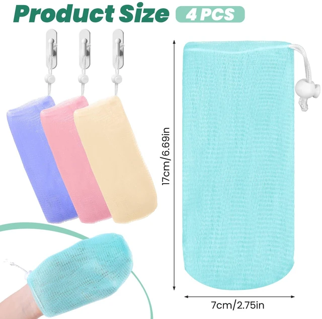 Alt view image 3 of 7 - 4 Pcs Mesh Soap Bags, Bar Soap Saver Bags, Bubble Foaming Nets Pocket with Drawstring for Facial Cleaning Body Wash