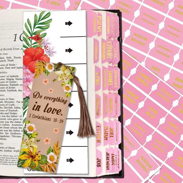 Main image of Bible Index Tabs New & Old Testament Tabs Matte Laminated Floral Design, Bible Journaling Supplies - 122 Pcs (Pink- Gold Foil)