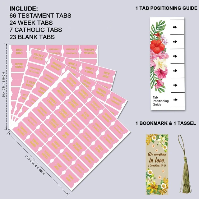 Alt view image 2 of 6 - Bible Index Tabs New & Old Testament Tabs Matte Laminated Floral Design, Bible Journaling Supplies - 122 Pcs (Pink- Gold Foil)