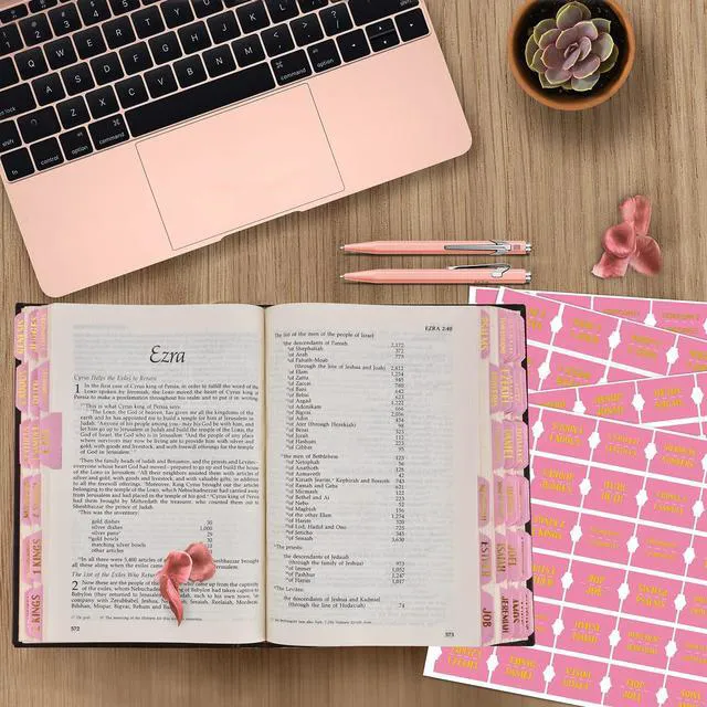 Alt view image 6 of 6 - Bible Index Tabs New & Old Testament Tabs Matte Laminated Floral Design, Bible Journaling Supplies - 122 Pcs (Pink- Gold Foil)
