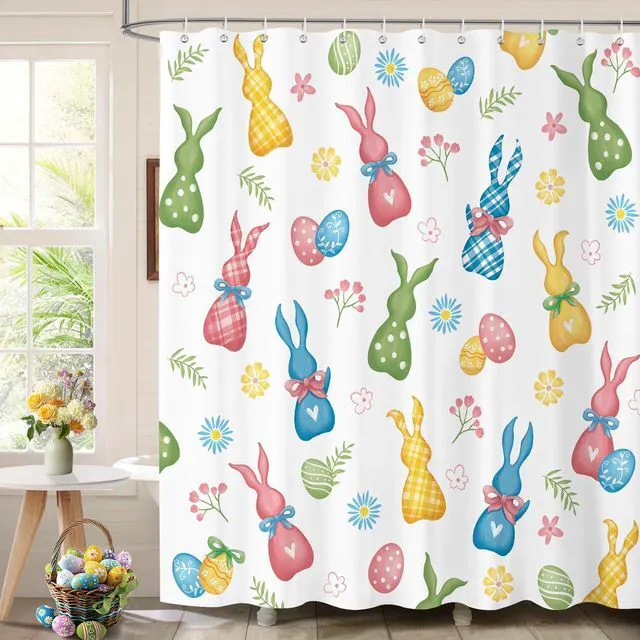 Main image of Colorful Easter Bunny Shower Curtain with 12 Hooks, 72x72 in | Bright Spring Easter Bathroom Curtain, Water-Resistant Polyester with HD Print, Quick-Dry, Machine Washable, Easy to Install
