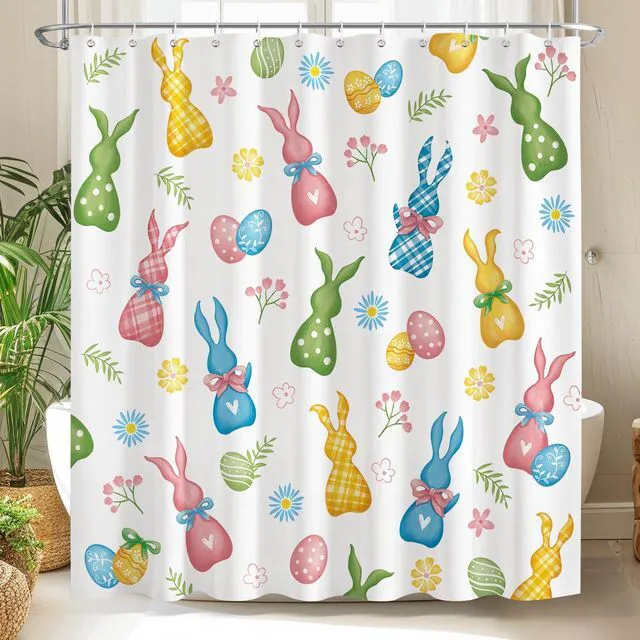 Alt view image 2 of 7 - Colorful Easter Bunny Shower Curtain with 12 Hooks, 72x72 in | Bright Spring Easter Bathroom Curtain, Water-Resistant Polyester with HD Print, Quick-Dry, Machine Washable, Easy to Install