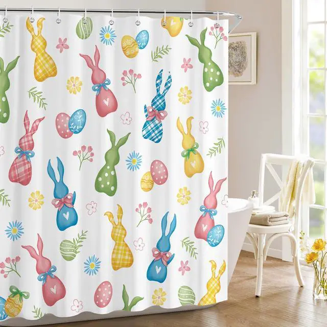 Alt view image 3 of 7 - Colorful Easter Bunny Shower Curtain with 12 Hooks, 72x72 in | Bright Spring Easter Bathroom Curtain, Water-Resistant Polyester with HD Print, Quick-Dry, Machine Washable, Easy to Install