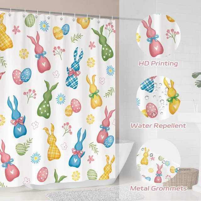 Alt view image 6 of 7 - Colorful Easter Bunny Shower Curtain with 12 Hooks, 72x72 in | Bright Spring Easter Bathroom Curtain, Water-Resistant Polyester with HD Print, Quick-Dry, Machine Washable, Easy to Install