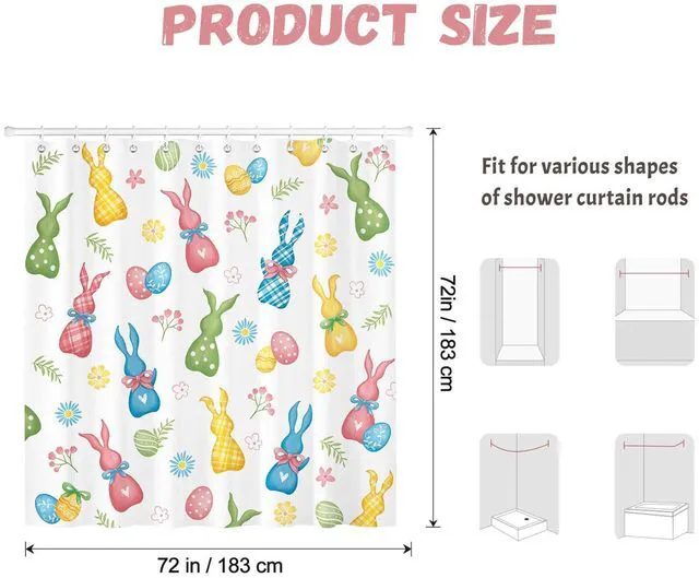 Alt view image 7 of 7 - Colorful Easter Bunny Shower Curtain with 12 Hooks, 72x72 in | Bright Spring Easter Bathroom Curtain, Water-Resistant Polyester with HD Print, Quick-Dry, Machine Washable, Easy to Install