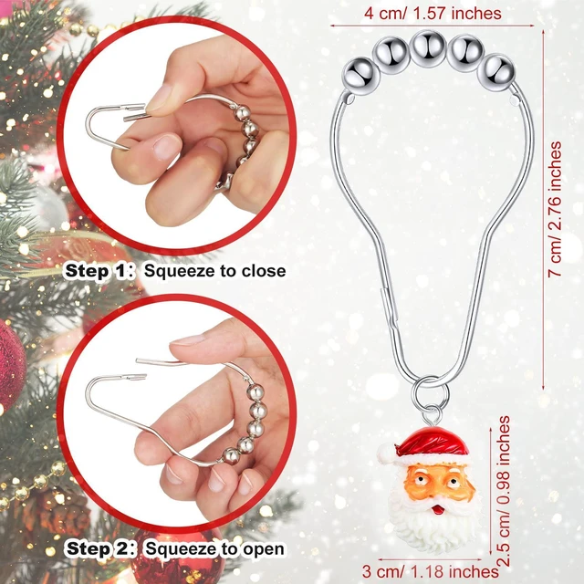 Alt view image 2 of 7 - 12 Pcs Christmas Shower Curtain Hooks Resin Rustproof Set | Santa Snowman Gingerbread Bell Wreath Designs, Stainless Steel Rustproof, Christmas Bathroom Decor, Easy Installation