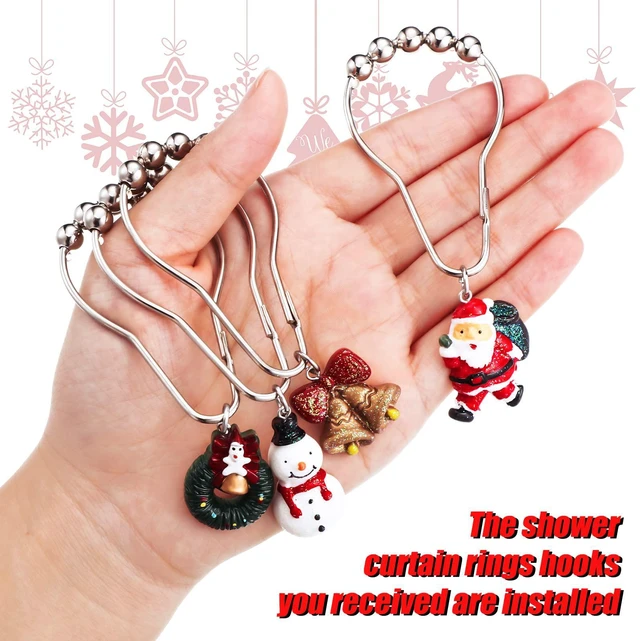 Alt view image 3 of 7 - 12 Pcs Christmas Shower Curtain Hooks Resin Rustproof Set | Santa Snowman Gingerbread Bell Wreath Designs, Stainless Steel Rustproof, Christmas Bathroom Decor, Easy Installation
