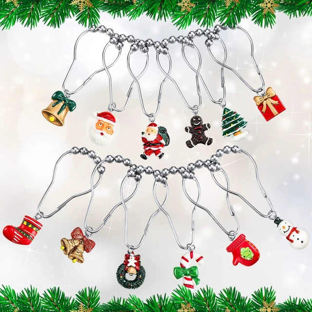 Alt view image 5 of 7 - 12 Pcs Christmas Shower Curtain Hooks Resin Rustproof Set | Santa Snowman Gingerbread Bell Wreath Designs, Stainless Steel Rustproof, Christmas Bathroom Decor, Easy Installation