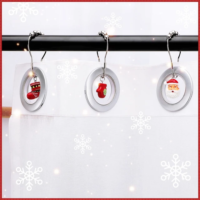 Alt view image 6 of 7 - 12 Pcs Christmas Shower Curtain Hooks Resin Rustproof Set | Santa Snowman Gingerbread Bell Wreath Designs, Stainless Steel Rustproof, Christmas Bathroom Decor, Easy Installation