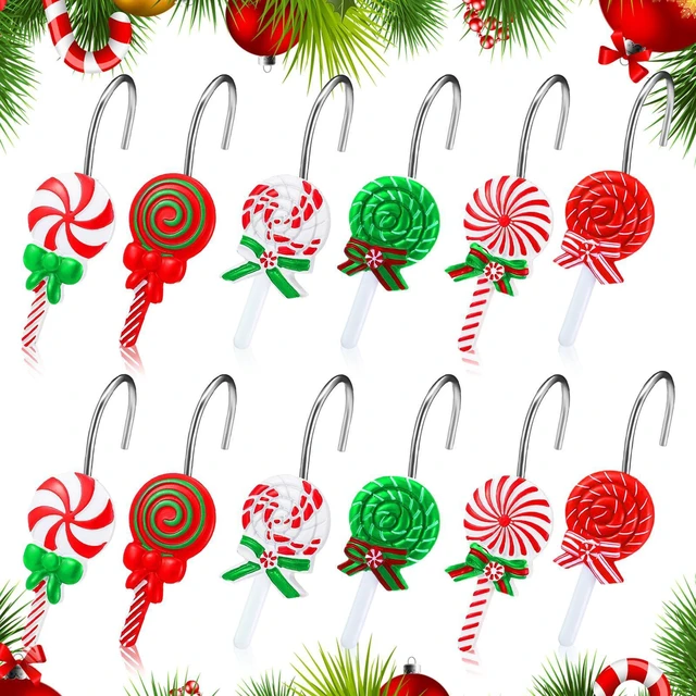 Main image of 12 Pcs Candy Shower Curtain Hooks 6 Styles White Green and Red Peppermint Lollipop Candy Cane Xmas Rustproof Hangers Hooks Holiday Curtain Rings for Winter Home Bathroom Accessories Set