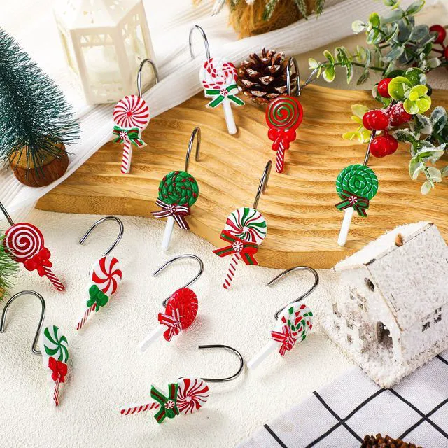 Alt view image 2 of 6 - 12 Pcs Candy Shower Curtain Hooks 6 Styles White Green and Red Peppermint Lollipop Candy Cane Xmas Rustproof Hangers Hooks Holiday Curtain Rings for Winter Home Bathroom Accessories Set