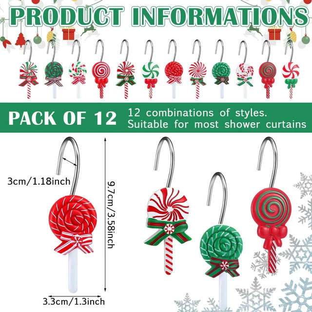 Alt view image 3 of 6 - 12 Pcs Candy Shower Curtain Hooks 6 Styles White Green and Red Peppermint Lollipop Candy Cane Xmas Rustproof Hangers Hooks Holiday Curtain Rings for Winter Home Bathroom Accessories Set