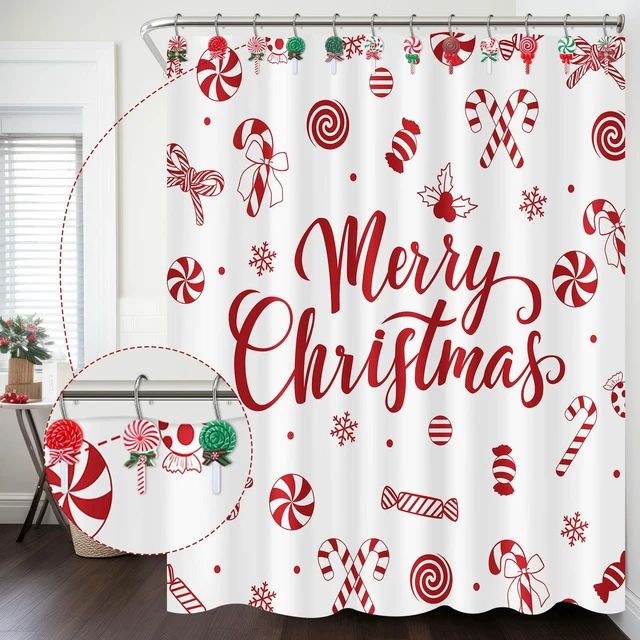 Alt view image 5 of 6 - 12 Pcs Candy Shower Curtain Hooks 6 Styles White Green and Red Peppermint Lollipop Candy Cane Xmas Rustproof Hangers Hooks Holiday Curtain Rings for Winter Home Bathroom Accessories Set