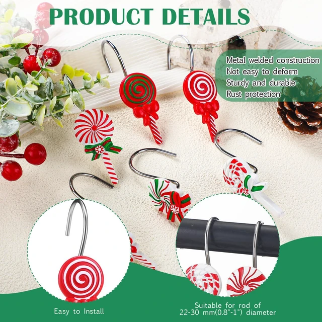 Alt view image 4 of 6 - 12 Pcs Candy Shower Curtain Hooks 6 Styles White Green and Red Peppermint Lollipop Candy Cane Xmas Rustproof Hangers Hooks Holiday Curtain Rings for Winter Home Bathroom Accessories Set