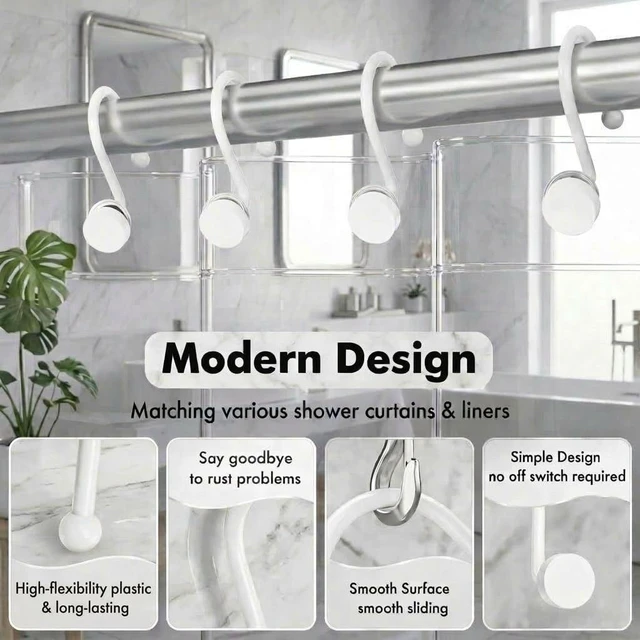 Alt view image 4 of 6 - White Shower Curtain Rings, Plastic Shower Curtain Hooks, Bathroom Curtain Hooks, Modern Decorative Shower Curtain Hangers Set of 12, Rounded-Tail Design