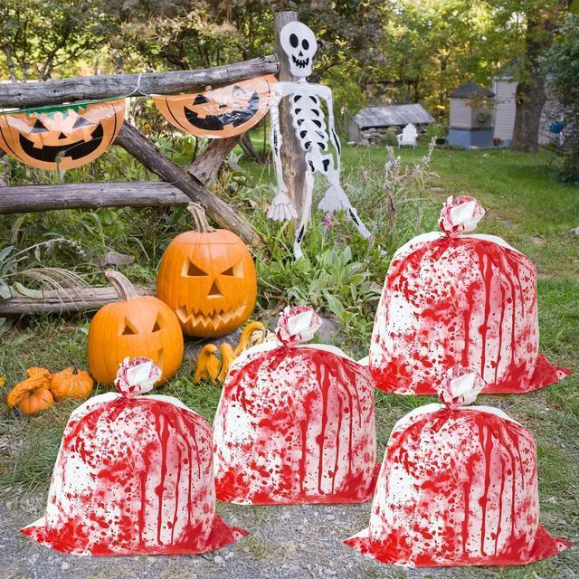 Alt view image 6 of 7 - CNhoqc Halloween Lawn Leaf Bags, 4 Pcs Large Bloody Garbage Bag Twist Ties | Heavy Duty Plastic Tear Resistant Self Standing, for Lawn Yard Waste Trash Storage, Halloween Outdoor Porch Garden Decorati