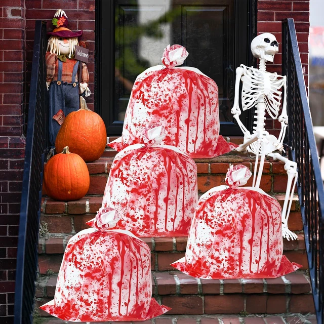 Alt view image 7 of 7 - CNhoqc Halloween Lawn Leaf Bags, 4 Pcs Large Bloody Garbage Bag Twist Ties | Heavy Duty Plastic Tear Resistant Self Standing, for Lawn Yard Waste Trash Storage, Halloween Outdoor Porch Garden Decorati