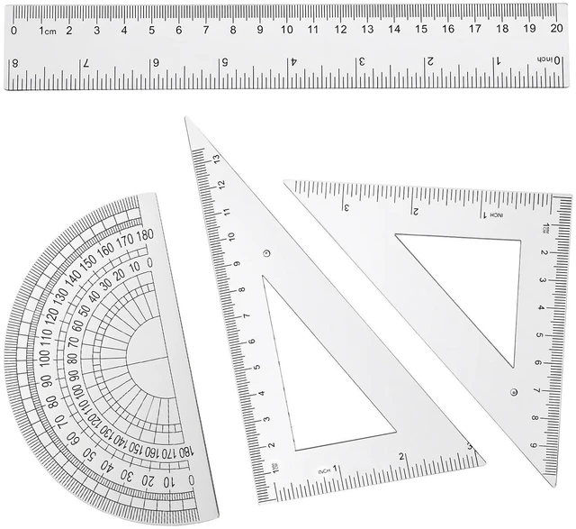 Main image of 4 Pcs Math Geometry Set Transparent Plastic Ruler Kit with 8 Inch Straight Rulers, Triangular Ruler, Protractor, Clear Measuring Tools for Office and Drafting