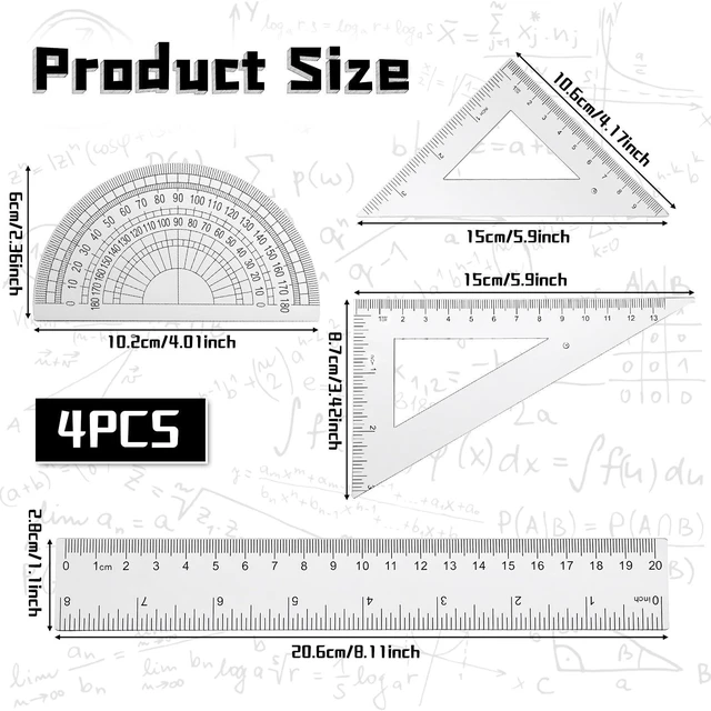 Alt view image 2 of 7 - 4 Pcs Math Geometry Set Transparent Plastic Ruler Kit with 8 Inch Straight Rulers, Triangular Ruler, Protractor, Clear Measuring Tools for Office and Drafting