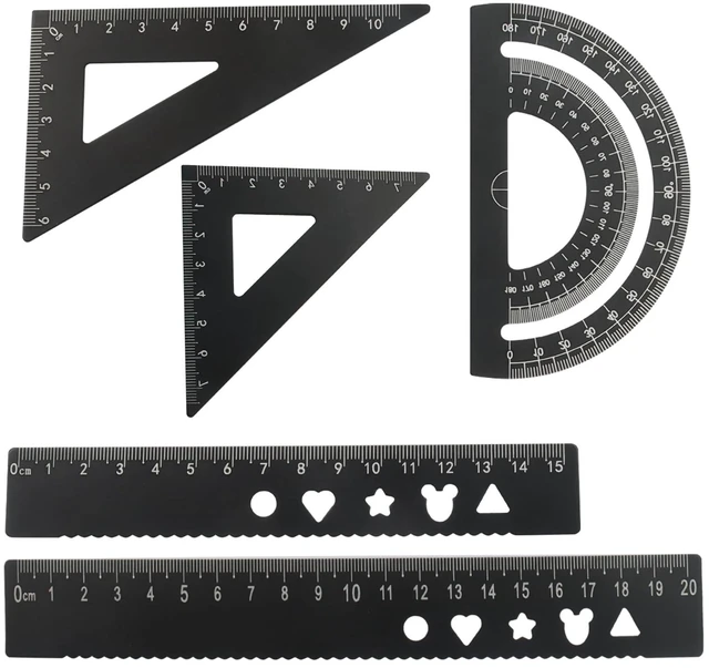 Main image of 5-Piece Metal Geometry Set, Black | Aluminum Ruler Drafting Kit, Protractor & Triangular Rulers, Precision for Engineers, Students, Math Measurement Tools