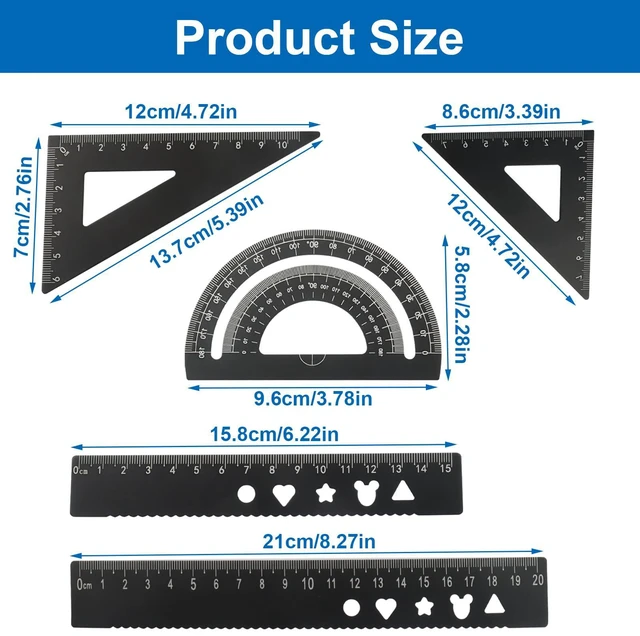 Alt view image 3 of 5 - 5-Piece Metal Geometry Set, Black | Aluminum Ruler Drafting Kit, Protractor & Triangular Rulers, Precision for Engineers, Students, Math Measurement Tools