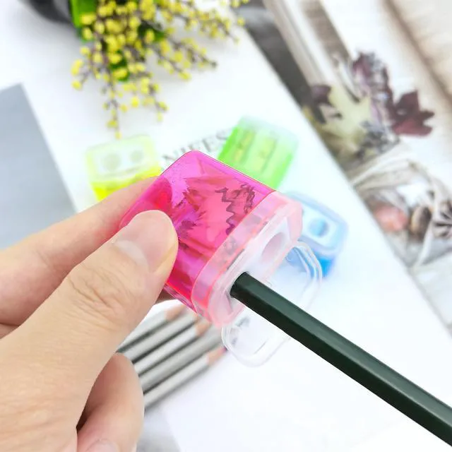 Alt view image 2 of 6 - 4 PCS Handheld Pencil Sharpeners with Lid, Multicolor Dual Hole Manual Little Sharpener for Crayons Graphite Pastel Colouring Lip Liners Eye Brow Pencils