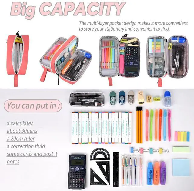 Alt view image 2 of 7 - Large Capacity Pencil Case,Multifunction Pencil Pouch,Pencil Bags with Zipper 3 Compartments Pencil case organizer for or School Teen Girl Boy Men WomenPink