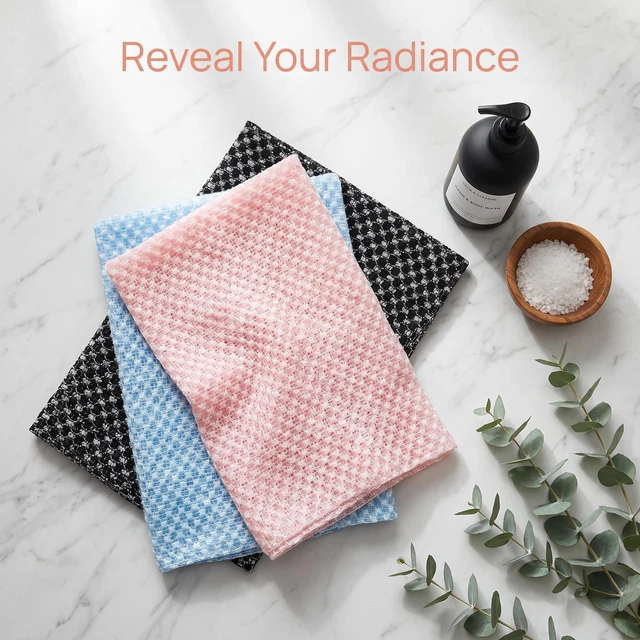 Alt view image 2 of 7 - 3PCS Exfoliating Shower Towel for Men and Women, Premium Hexagon-Woven Scrub Bath Cloth for Body & Face, Back Body Scrubber for Shower (Pink, Blue, Black)