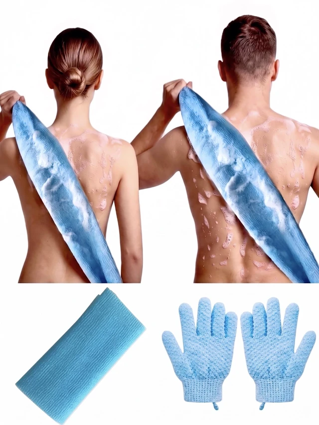 Main image of 35-inch Exfoliating Back Scrubber and 1 Pair of Bath Gloves | Japanese Shower Scrub Cloth, Long Body Washcloth and Loofah Back Scrubber for Shower, Exfoliating Towel Set for Men and Women