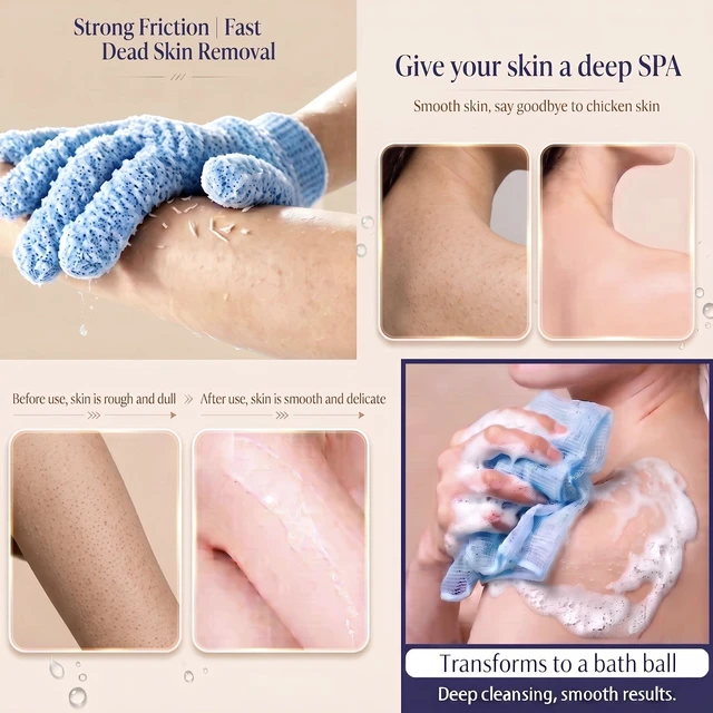Alt view image 2 of 7 - 35-inch Exfoliating Back Scrubber and 1 Pair of Bath Gloves | Japanese Shower Scrub Cloth, Long Body Washcloth and Loofah Back Scrubber for Shower, Exfoliating Towel Set for Men and Women