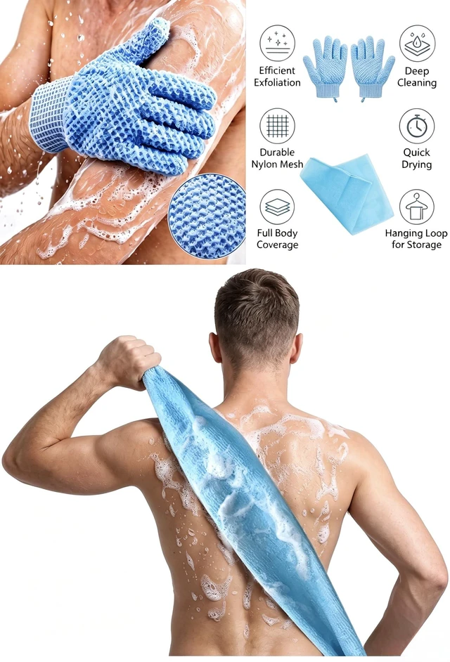 Alt view image 3 of 7 - 35-inch Exfoliating Back Scrubber and 1 Pair of Bath Gloves | Japanese Shower Scrub Cloth, Long Body Washcloth and Loofah Back Scrubber for Shower, Exfoliating Towel Set for Men and Women