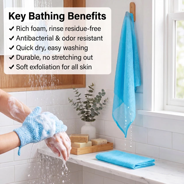 Alt view image 4 of 7 - 35-inch Exfoliating Back Scrubber and 1 Pair of Bath Gloves | Japanese Shower Scrub Cloth, Long Body Washcloth and Loofah Back Scrubber for Shower, Exfoliating Towel Set for Men and Women