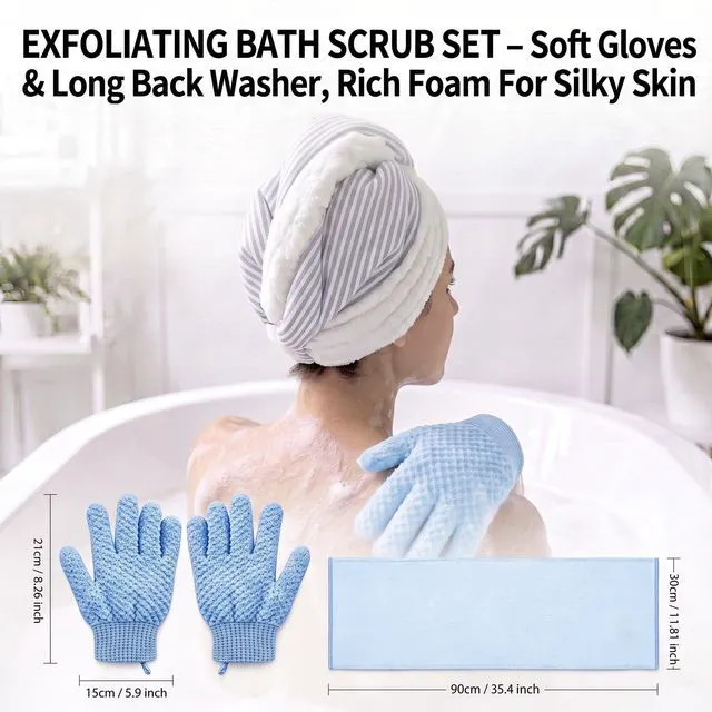Alt view image 7 of 7 - 35-inch Exfoliating Back Scrubber and 1 Pair of Bath Gloves | Japanese Shower Scrub Cloth, Long Body Washcloth and Loofah Back Scrubber for Shower, Exfoliating Towel Set for Men and Women