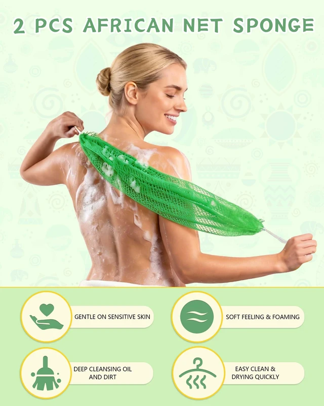 Alt view image 2 of 7 - African Net Sponge Authentic, 2 Pack Exfoliating Bath Sponge for Shower, Long Mesh Body Scrubber & Back Washer for Women and Men, Gentle Scrubber for All Skin Types, Travel