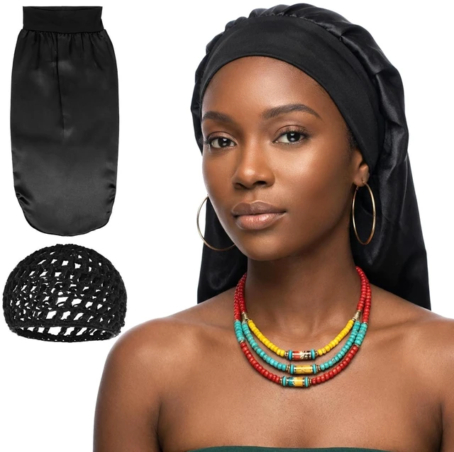 Main image of Long Hair Bonnet Mesh Wrap Caps Set Silk Press Braid Bonnet for Sleeping Anti Frizz Soft Reusable Elastic Shower Cap for Braids, Curly Hair (Black Net+Black Bonnet)