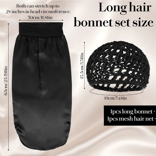 Alt view image 2 of 7 - Long Hair Bonnet Mesh Wrap Caps Set Silk Press Braid Bonnet for Sleeping Anti Frizz Soft Reusable Elastic Shower Cap for Braids, Curly Hair (Black Net+Black Bonnet)