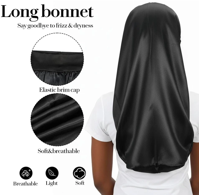 Alt view image 4 of 7 - Long Hair Bonnet Mesh Wrap Caps Set Silk Press Braid Bonnet for Sleeping Anti Frizz Soft Reusable Elastic Shower Cap for Braids, Curly Hair (Black Net+Black Bonnet)