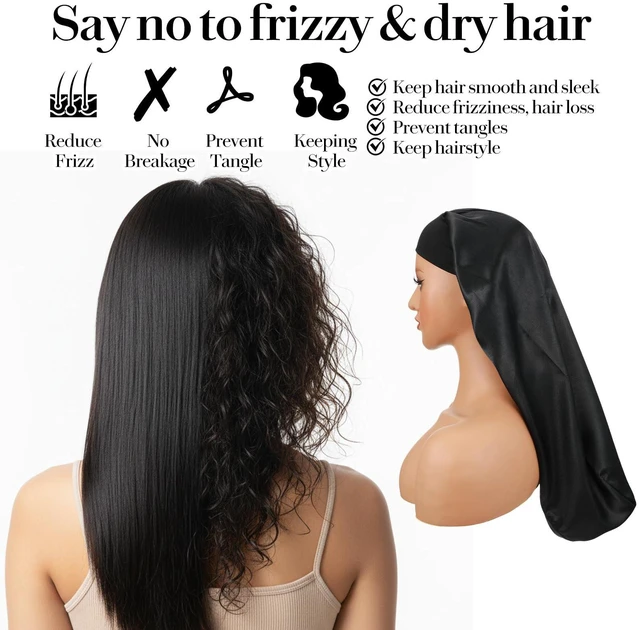 Alt view image 5 of 7 - Long Hair Bonnet Mesh Wrap Caps Set Silk Press Braid Bonnet for Sleeping Anti Frizz Soft Reusable Elastic Shower Cap for Braids, Curly Hair (Black Net+Black Bonnet)
